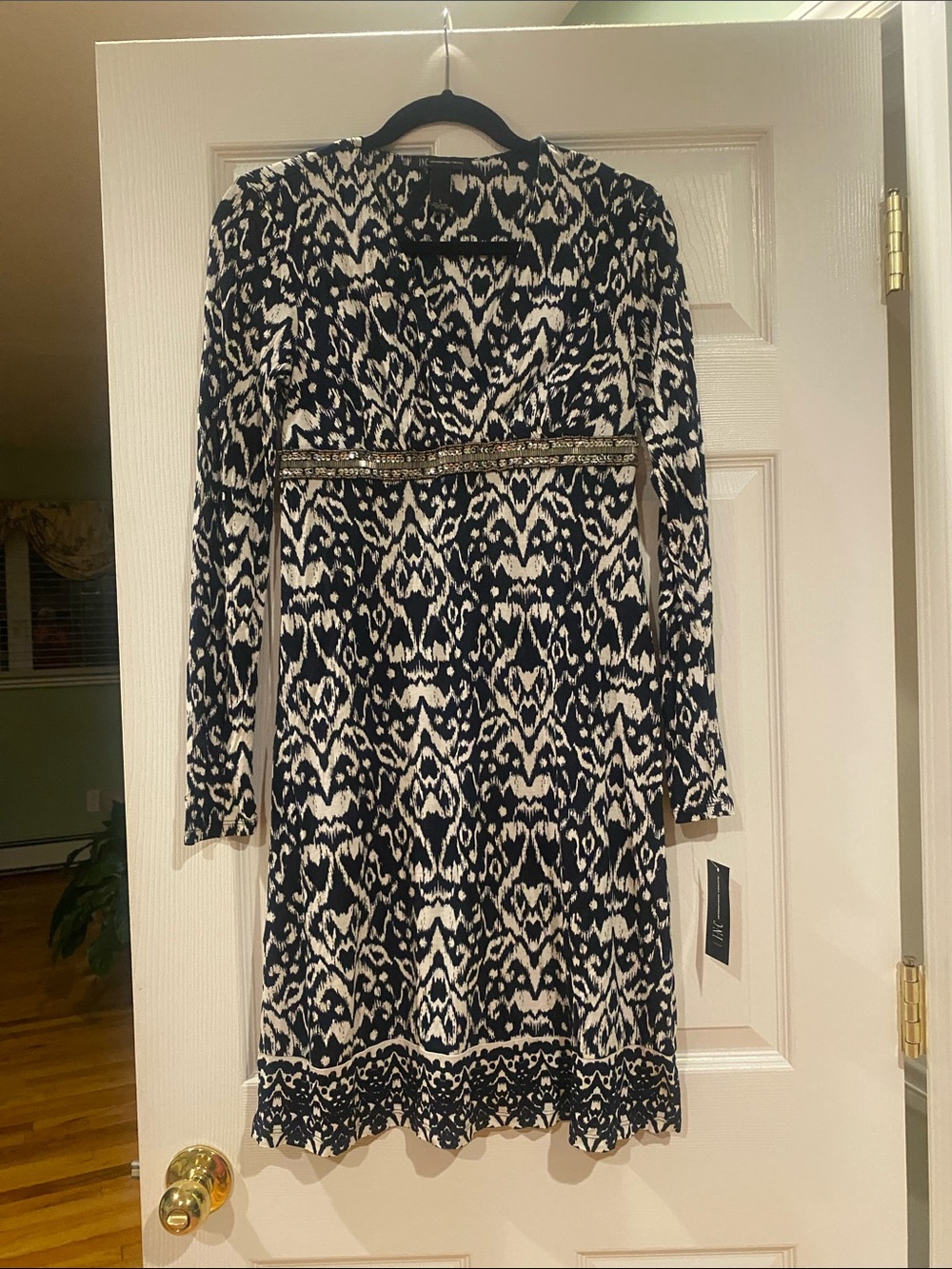 INC International Concepts Black and White Long-Sleeve Ikat Dress
